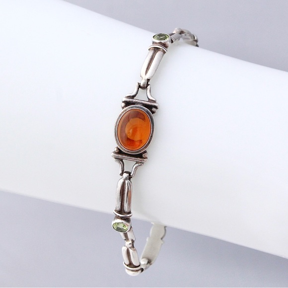 Vintage Genuine Amber & Peridot Sterling Silver Link Bracelet - Picture 1 of 6